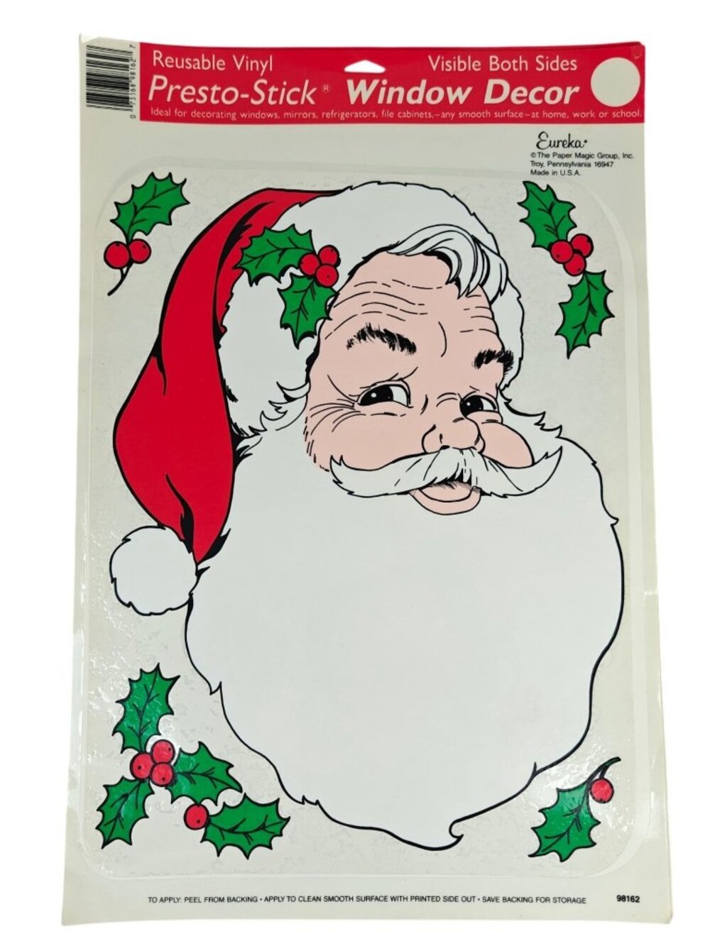 NEW Vintage Presto-Stick Santa Window Decor 1980s Holly Design Christmas Eureka